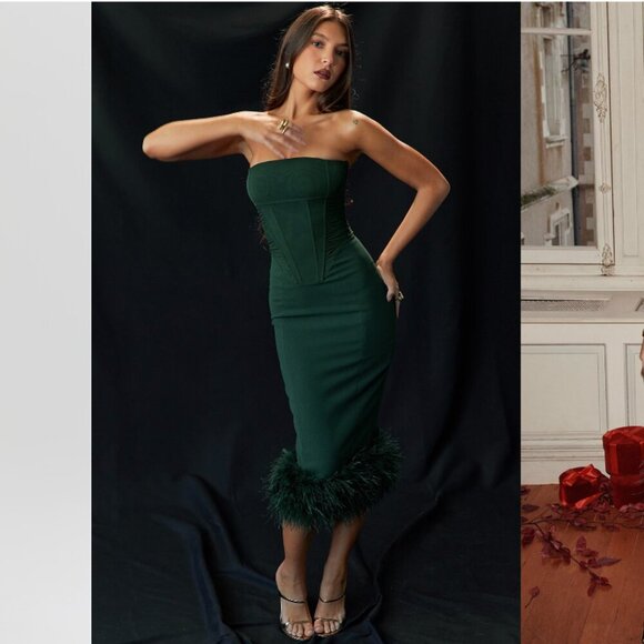 House of CB‎ Fionula Emerald Green Strapless Corset Midi Dress feather NWOT sz L - Picture 4 of 11